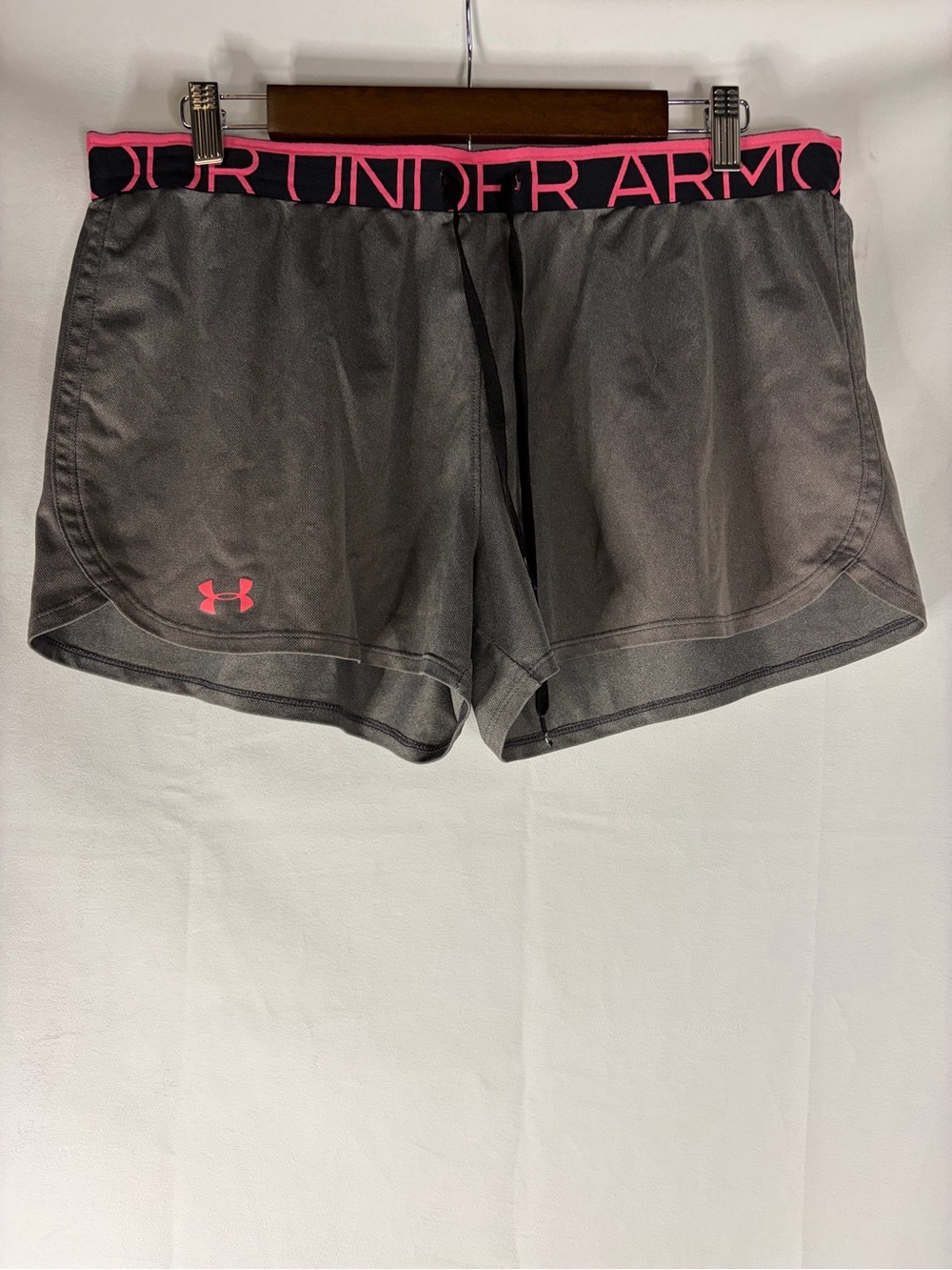 Under Armour Gray Athletic Shorts with Pink Waistband and Logo